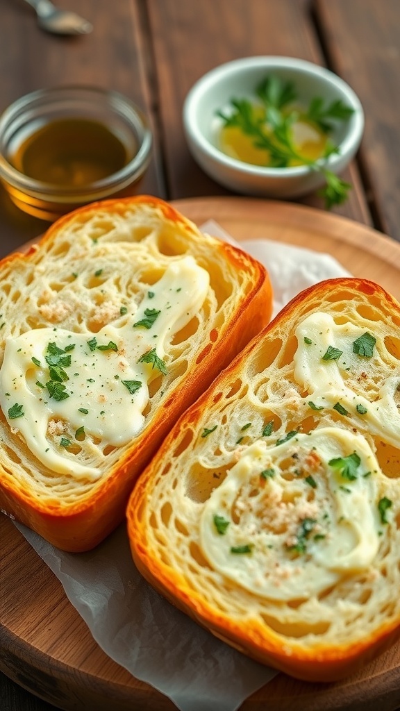Garlic Bread Without Cheese Recipe A loaf of garlic bread, sliced and topped with garlic butter and parsley, on a rustic table.